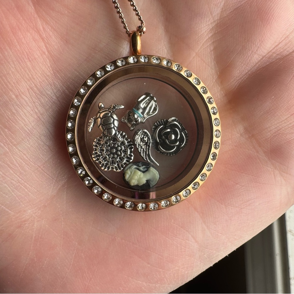 Origami Owl Gold Crystal Edge Floating Charm Necklace with Silver Charms